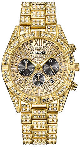 Routefuture Montre de Bling Hommes Rond Cristal Strass Montres à Diamants en Acier Inoxydable Bande de Métal Montres de Bling-Ed Out Hip Hop Cadeau