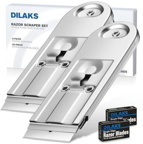DILAKS 2-Pack Razor Scraper, All Metal Heavy Duty Razor Blade Scraper with Extra 20-Piece Blades