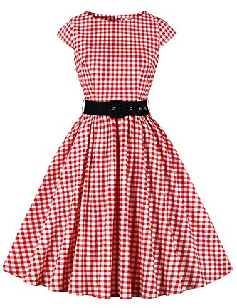 AXOE Femme Robe Vintage Années 50 Tissu Coton Respirant Coupe A-Line Ceinture Amovible Col Bateau Blanche à Carreaux Rouge, Taille 44, XL