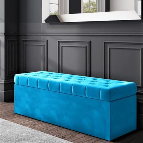 R&M Furnishers SD Chesterfield Ottoman Storage Box - Duck Egg Plush Velvet Storage ottoman- Ottoman Footstool with Storage - Chesterfield Upholstered Coffee Table- End of Bed Storage Bench