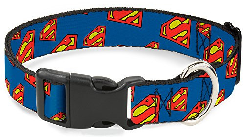 DC Comics Pet Collar, Dog Collar Plastic Buckle, Super Shield Diagonal Royal Blue Red, 16 to 23 Inches 1.5 Inch Wide