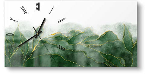 DEQORI Glasuhr | vertikal 60x30 cm | Motiv Grüner Wasserfarbverlauf | große XXL Design Uhr aus Glas | leise Wanduhr für Wohnzimmer & Küche | moderne Hingucker Uhr für die Wand