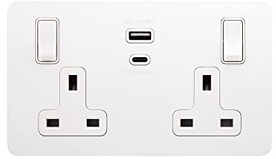 Soho Lighting White Metal Flat Plate 13A 2 Gang Super Fast Charge 45W USB A+C Socket