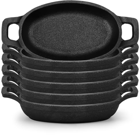 Uiifan 6 Pieces Mini Cast Iron Skillet 6 x 3.8'' Small Oval Skillets Cast Iron Cookware Set 8 oz Single Serve Dish Pans Mini Casserole Dish for Baking Roasting Cooking Grilling Ramekins