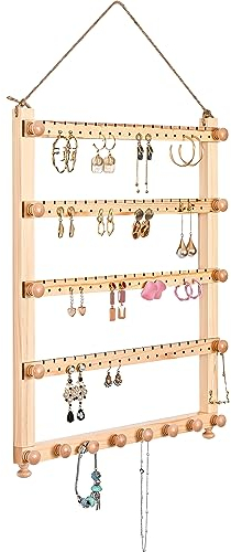 Lolalet Porte Bijoux Suspendu, Présentoir Bijoux en Bois Naturel, Porte Boucle d’Oreille Collier Bracelet -Naturel