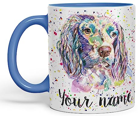 Vixar Personalised with Your Text Spaniel Springer Dog Pet Animals Watercolour Art Coloured Ceramic Mug Cup Gift 330ml 11oz Custom Work Office Tea Coffee (O2) (C Blue)