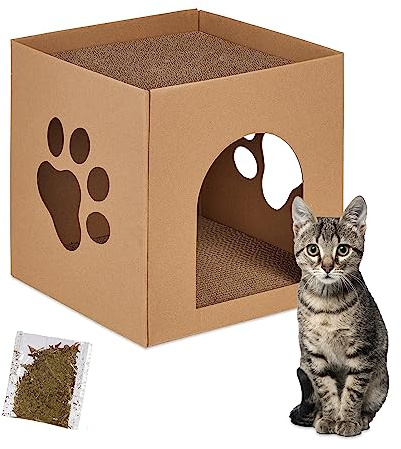 Relaxdays Niche en Carton pour Votre Chat, avec griffoirs, à Construire, Herbe aux Chats Incluse, 30x30x30,5 cm, Marron