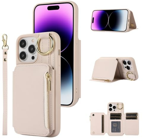 UEEBAI Crossbody Wallet Case for iPhone 12 Pro Max 6.7 inch, Card Holder Flip Case Kickstand RFID Blocking Phone Case PU Leather Zipper Purse Wrist Strap Lanyard Folio Cover for Women - White