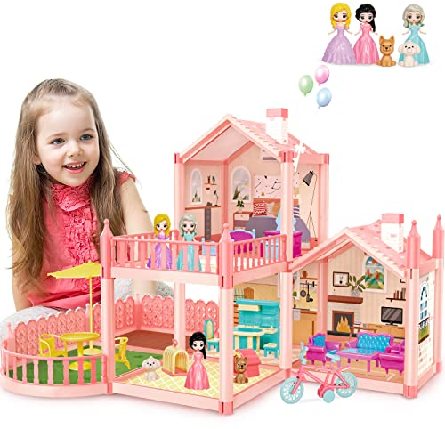 deAO Maison de Poupee avec Meubles et Accessoires, avec 2 étages, 3 Chambres, Balcon, 3 Poupées Poupons, 17 Meubles, Bicyclettes,Cadeau pour Fille Enfant pour 3 4 5 6 7 8 Ans, Rose