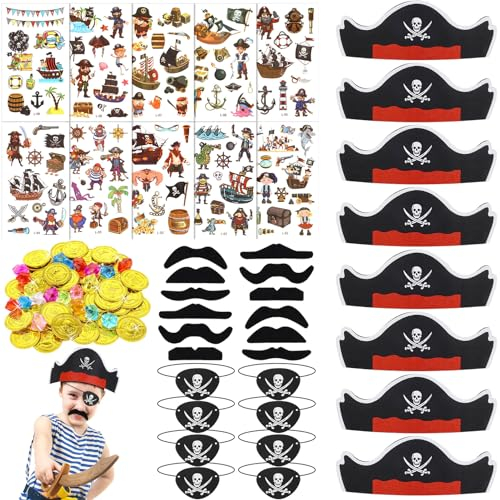 Camptrip Piraten Kindergeburtstag, 8 Pcs Piratenhut Kinder 8 Pcs Piraten Augenklappe Kinder Pirat Tattoo Aufkleber Piratenbart Edelsteine Goldmünzen für Geschenke Kinder Geburtstag Piratenparty Deko