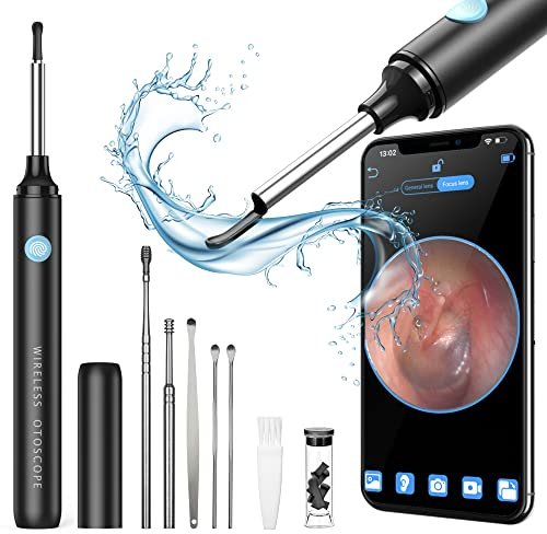 Ear Wax Removal Kit - Ear Cleaner Ear Camera - Ear Wax Remover with 6 Pcs Ear Set - Ear Wax Removal Tool - WiFi Otoscope Camera with 6 Silicon Ear Spoon - Ear Cleaning for iOS & Android (Black)