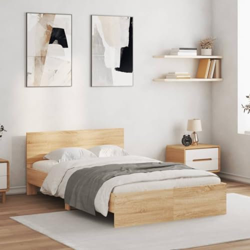 vidaXL Sonoma Oak Bed Frame-Engineered Wood with Headboard and Plywood Slats, Small Double Size 120x190 cm, Bedroom Essential