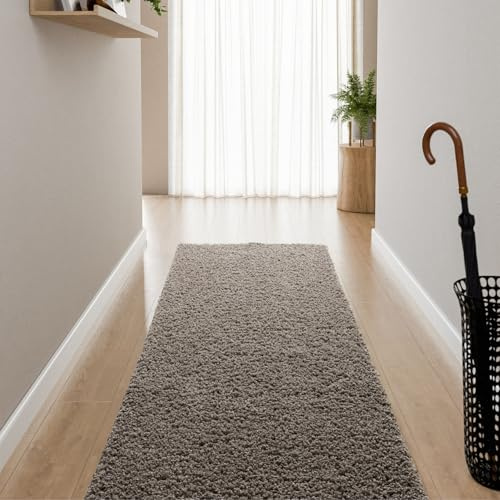 Interiyou Hochflor Teppich Sofia - 80x300 cm Hellgrau - flauschig und einfarbig - waschbar und rutschfest - weicher Langflor