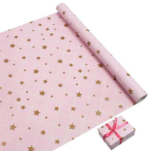 Rouleau de papier cadeau d'anniversaire rose de 43 cm x 15 m, papier d'emballage kraft recyclable pour fête, décorations de cadeaux d'anniversaire