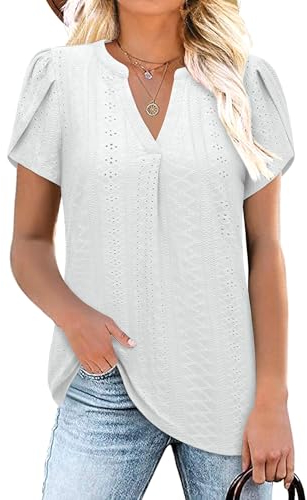 Siddhe Oberteile Damen Sommer Elegant Bluse Damen V Ausschnitt Festliche Damenmode T-Shirt Damen Kurzarm Weiß Shirts Damen Baumwolle Modern Blusen & Tuniken für Damen Longbluse Tunikabluse XXL