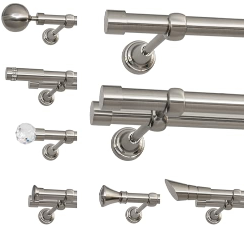 ROLLMAXXX Gardinenstange 200 cm breit - 19 mm Durschmesser - 2-Läufig - Edelstahl Optik - inkl. Wandhalterungen, Endstücken und Montagematerial im Faro Design