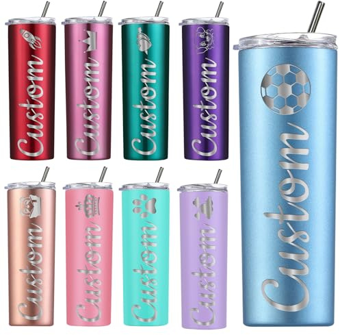 Amlion Gobelet personnalisé - Gravé au laser avec le nom, gobelets en acier inoxydable de 20 oz personnalisés avec couvercles et pailles pour les femmes et les hommes - 13 couleurs et 42 icônes