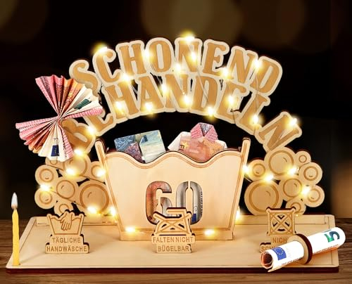 Giftota Witzige 60. Geburtstag Geldgeschenke Holz mit LED Lichterkette - Schonend Behandeln 60 - Geschenk 60 Geburtstag Mann Frau, 60 Geburtstag Deko