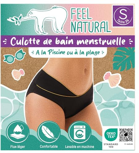 Feel Natural - Culotte de bain menstruelle - Maillot de Bain Bikini pour Femme et adolescente - Lavable - Anti Fuite - Confort Hygiénique - Protection Absorbante - Flux Leger - Noir - Taille S