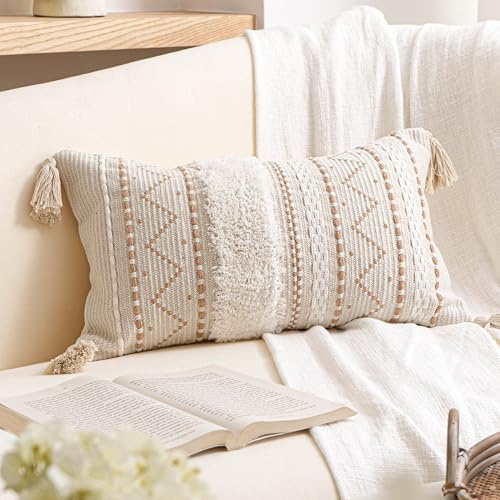 BlissBlush 12x20 Lumbar Pillow Cover, Cream Neutral Beige Rectangular Decorative Cushion Cover, Boho Accent Pillowcase with Tufted Details and Tassels for Couch Sofa Living Room (Cover Only)