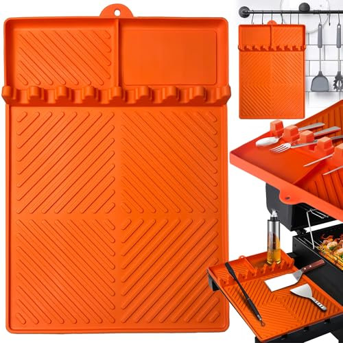 Silikon-Grillmatte für Blackstone, Silikon-Grill-Werkzeugmatte mit Abtropf-Pad, Spatel, Grill-Caddy, Utensilienhalter für Küche, Kochen, Arbeitsplatte (Orange)