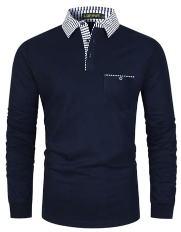 LIUPMWE Mens Polo Shirt Long Sleeve Contrasting Plaid Splice Cotton Polo Shirts,Blue,XL