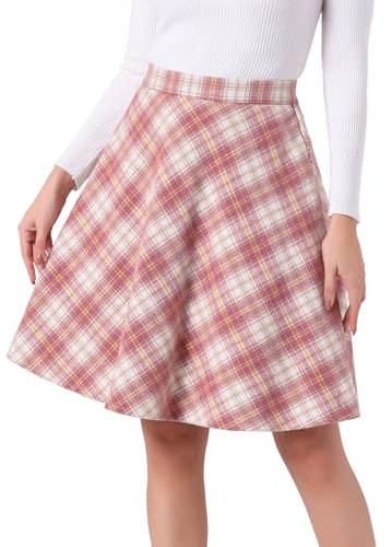 Allegra K Damen Karo Rock Festlich A-Linie Hohe Taille Kammgarn Kariert Midirock
