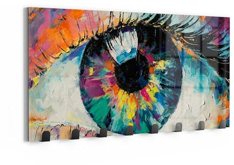 DEQORI Wandgarderobe Glas & Metall | Motiv Auge in bunten Ölfarben | 60x30 cm | Design Haken-Leiste modern | Garderoben-Paneel für Flur, Wohnzimmer & Schlafzimmer | magnetisch & beschreibbar
