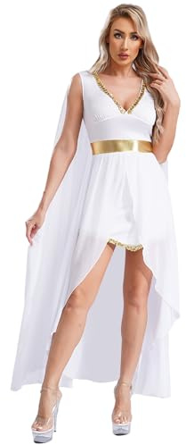 Jhaoyu Damen Griechische Göttin Kostüm Ärmellos Toga Kleid Mit Chiffon Cape Frauen Römer Griechen Karneval Verkleidung Mottoparty Outfits