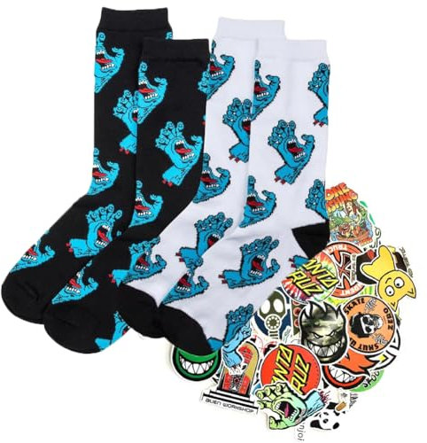 SANTA CRUZ Paar Socken Mini Hand Socks Herren Original & 20 Sticker Skateboard Einheitsgröße 38/46, weiß mit 20 Stickern, WEISS SCHWARZ, One size