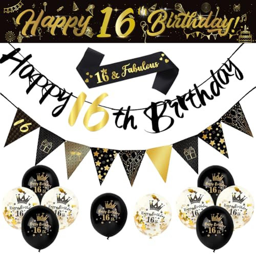 14-Piece 16th Birthday Decorations Kit - Party Supplies, 9ft Banner, Triangle Flags, Confetti, Latex Balloons