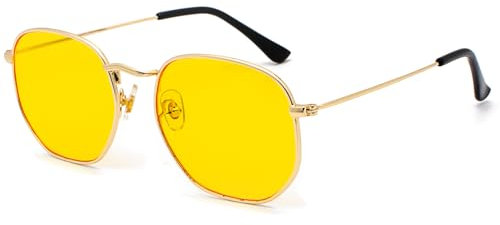 RUNHUIS Lunettes de soleil rétro polygone pour homme et femme - Lunettes carrées tendance - Cadre en métal ultra léger, Or/jaune