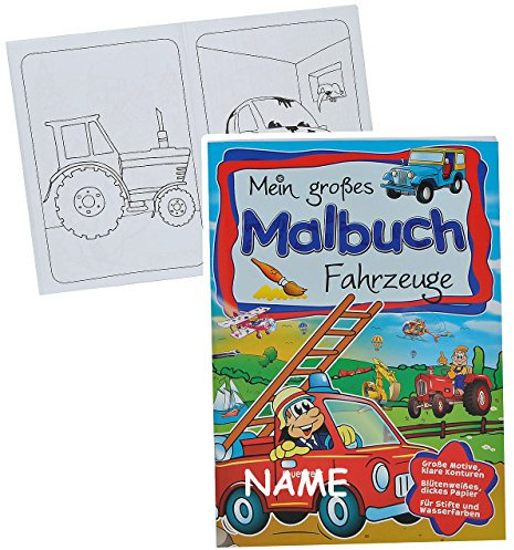 alles-meine.de GmbH A4 - großes Malbuch - incl. Name - Fahrzeuge - Kindermalbuch - Feuerwehr/Traktor/Schiffe/Eisenbahn/Auto/Bagger - Ausmalbuch mit Malvorlagen für Jung..