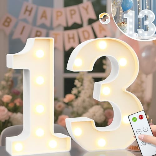 Vimlits Light Up Numbers 13th Birthday Decorations for Girls, LED Number Lights Lighted Number Sign for Party Backdrop Wedding Anniversary Remote Wall Table Decor - Cool White & Warm White 13