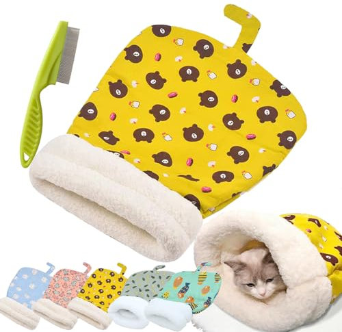 Cat Sleeping Bag for Indoor Cats, Cute Cartoon Cat Nest Bed Soft Plush Cat Cave Bed, Pet Mat Warming Pad Sack, Thickened Pet Pocket Quilt Bed, Washable Warm Bed for Cats (Yellow)