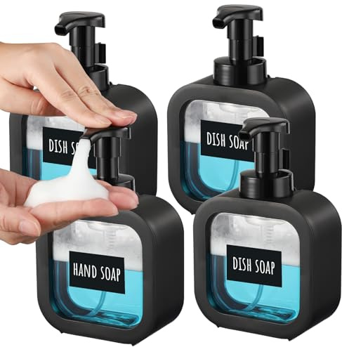 Segbeauty Seifenschaumspender, 4 Stück 300ml Seifenspender Schwarz, Schaumspender Plastik, Duschgel Spender mit Etiketten, Bad Seifenspender Set