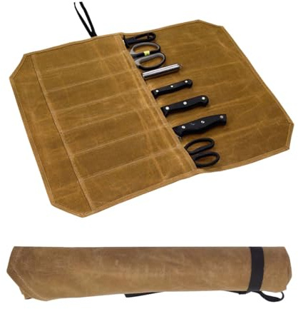 Rolltasche für Köche mit 7 Fächern,Tragbare Koch Messer Tasche,Messer Case Lagerung,Messertasche Kochmesser Rolltasche,Gewachstes Canvas Messer-Rolltasche,Multifunktionale Werkzeugrolltasche (Khaki)