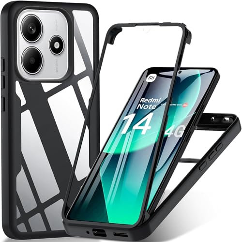 BOKYAS Coque pour Xiaomi Redmi Note 14 4G, Housse Transparent Antichoc avec Protection écran, 360° Full Body Protection Etui Robuste Double Face Bumper Intégrale Case, Noir
