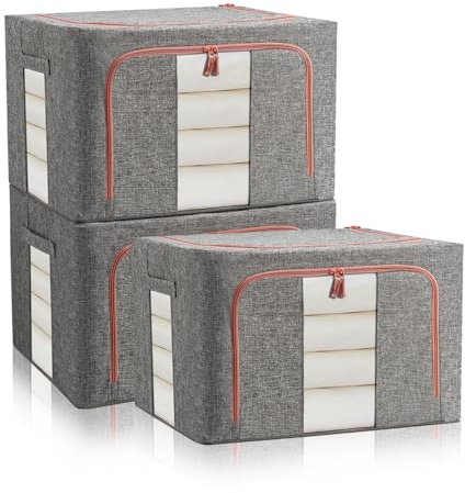 FUSACONY Clothes Storage Bag 3 Pack Storage Boxes with Lids, Foldable Oxford Cloth Steel Frame Box, Waterproof Wardrobe Storage Organiser for Clothes, Bedding, Blankets,Duvet, Grey (66L)
