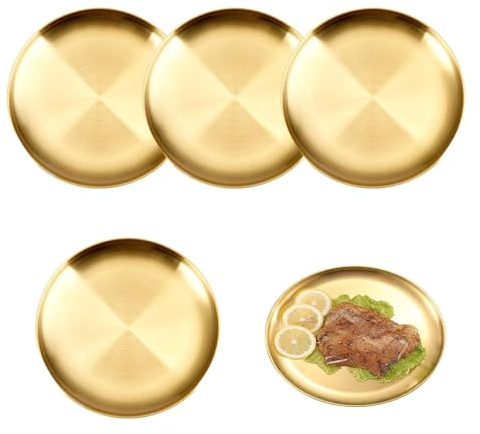 ZHYAUN 4 pezzi,20CM Piattiinacciaio inossidabile inox,Piatti in Acciaio Inox Set,RotondaCenaPiatto,PiattodaPortata in Acciaio Inox piastra,Piatto Campeggio,Piatti Campeggio,Piatto Piano Rotondo