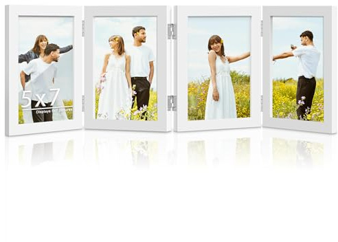 DUENPY 4 Folding 5x7 Accordion Wood Frame Plexiglass White | Lightweight accordion folding wood frame with plexiglass, holds multiple 5x7 photos for lightweight tabletop decor