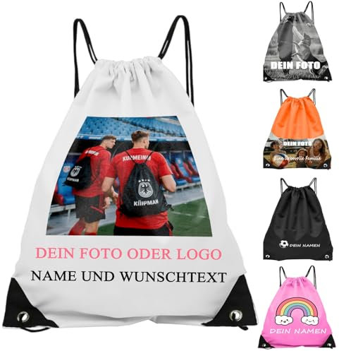 NZDFH Personalisierte Turnbeutel mit Foto & Namen - Sportbeutel für Damen, Herren & Kinder | Stoffbeutel mit Kordelzug | Gym Bag & Schwimmbeutel | Personalisierte Geschenke, Weiß