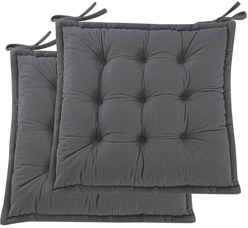 PRIMEPATIO Indoor Sitzkissen Stuhl 2er Set – Komfortable Cord-Sitzmatte Stuhlkissen mit Bändern, Hochwertige Füllung, Ideal für Esszimmer, Büro, Wohnzimmer, Outdoor Gartenstuhl, 40x40x7, Anthrazit