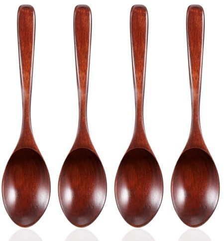 4 cucchiai in legno per mangiare, cucchiai da minestra in legno da 19 cm, cucchiaio da tavola in legno duro per cucinare, set di cucchiai da tavola in legno per mescolare caffè, dessert e cereali