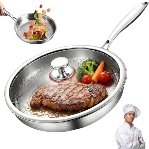Padelle Titanio Puro, Titan Pfanne Unbeschichtet with Lid and Spatula, Padella in Titanio for Kitchen and Camping, Uncoated Frying Pan, Pro Hammered Non-Stick Pans for Any Hob (Con Coperchio, 22cm)