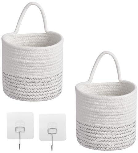 2 Stück Hängekorb, Wandkörbe Baumwollseilflechten 15 x 16 cm mit 2 Haken, Wandkorb Hängend Übertopf Korb, Aufbewahrungskorb Geflochten, Hängekorb Küche, Wohnzimmer,Bad (Weiß/Schwarz)