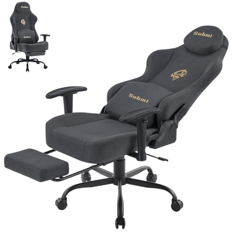 Submi Chaise Gaming Ergonomique, Fauteuil Gaming Adulte avec Support Lombaire, Chaise Gamer Repose-Pieds et Chaise de Bureau Pivotante à Tissu, et Hauteur Réglable, Adolescent, 150kg (Gris Foncé)