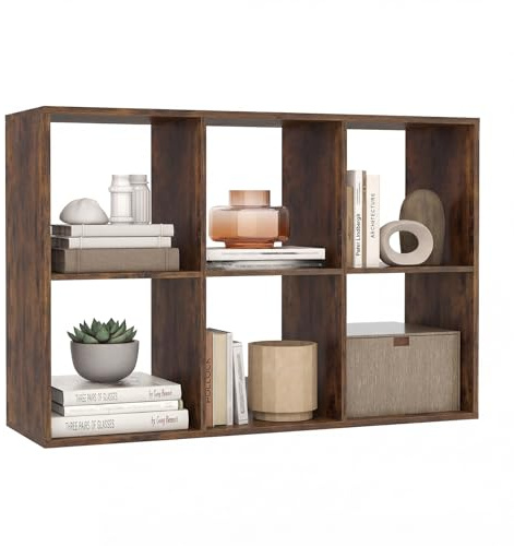 COSTWAY 6 Tier Cube Bookcase, Space-Saving (6, Brown, 104 x 33 x 70 cm) | Wooden Storage Cabinet with Anti-toppling Device, Freestanding Display Bookshelf for Living Room, Bedroom and Study