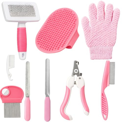 Lot de 9 brosses de toilettage pour lapin, rose, avec coupe-ongles et tondeuse, pour lapins, chiots, cochons d'Inde, furets, petits animaux