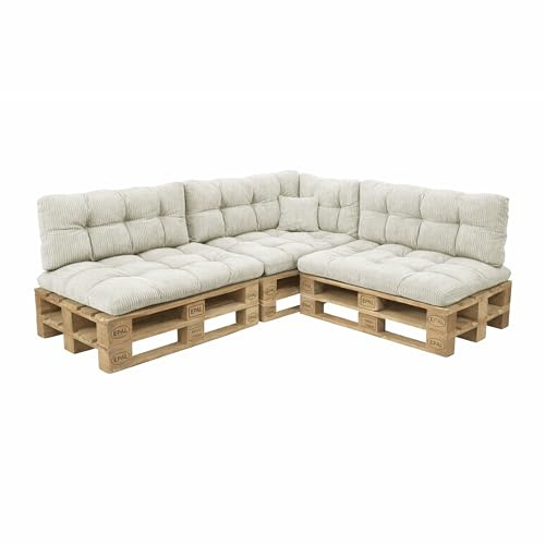 POKAR Palettenkissen 8er Set aus Cordstoff: 3X Sitzkissen 120x80 + 3X Rückenkissen 120x40 + Seitenkissen + Dekokissen | Gesteppte Palettenauflage für Loungemöbel | Oeko-TEX | Made in EU | Elfenbein